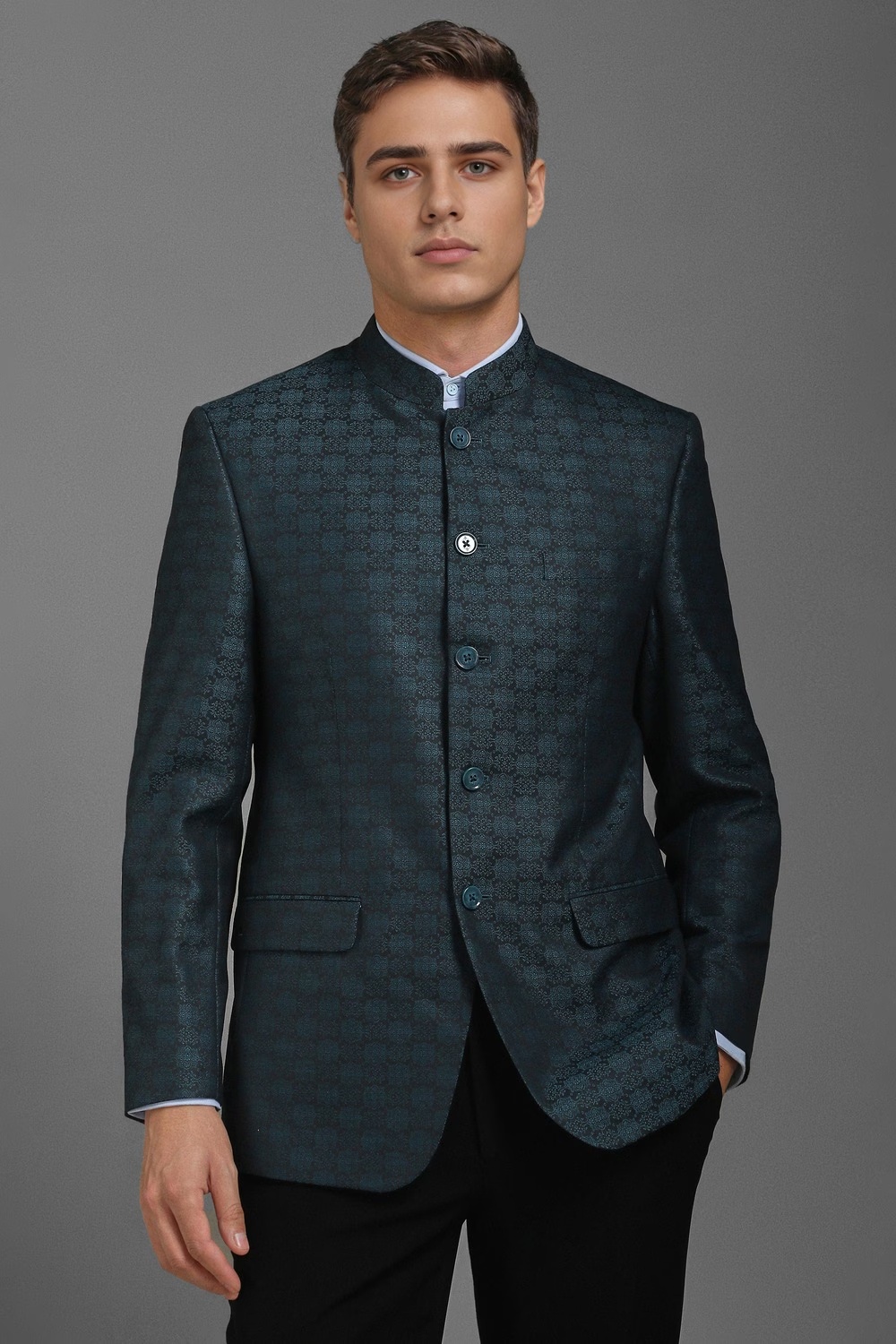 Men Blue Regular Fit Print Formal Blazer-Blue