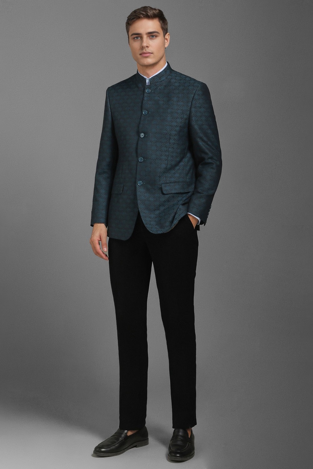 Men Blue Regular Fit Print Formal Blazer-Blue