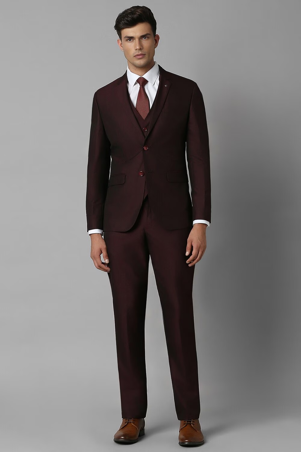 Men Maroon Slim Fit Textured Formal Three Piece Suit-Maroon