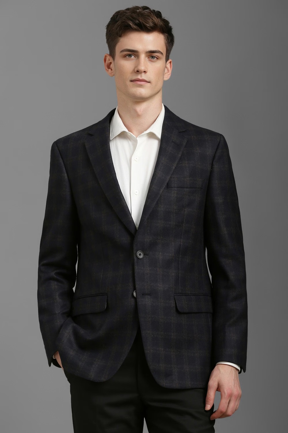 Men Black Regular Fit Check Formal Blazer-Black