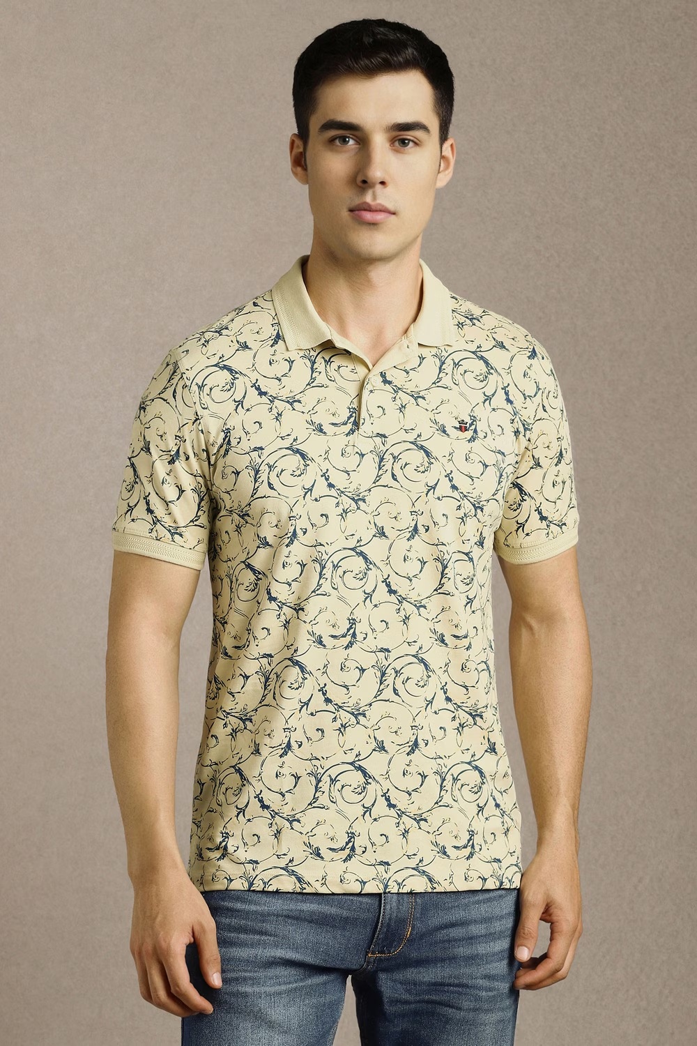 Men Beige Print Polo Neck T-shirt-Beige