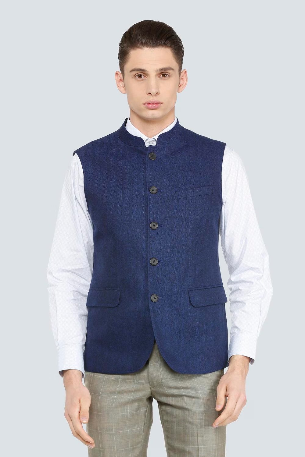 Men Blue Textured Formal Nehru Jacket-Blue