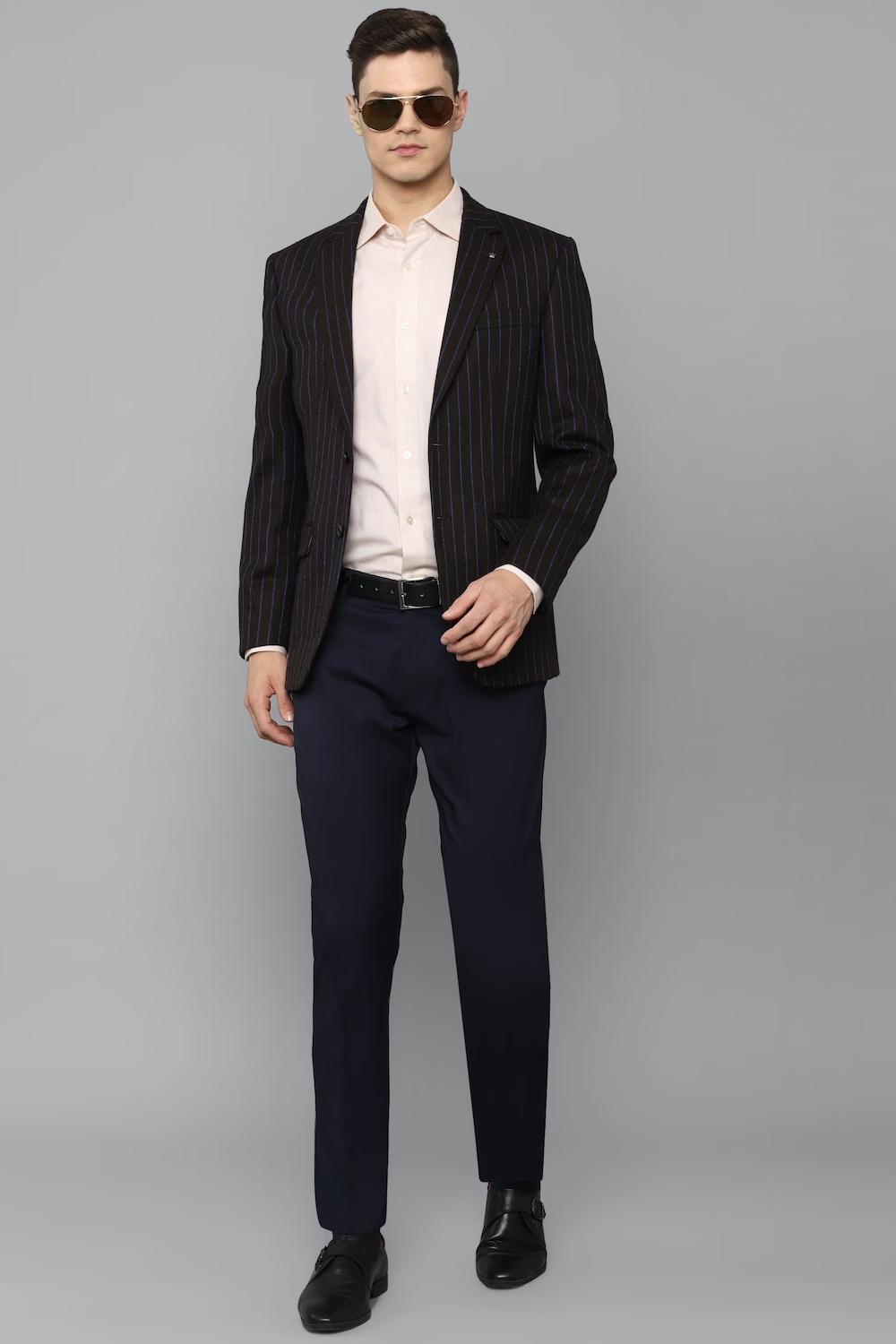Men Black Regular Fit Stripe Formal Blazer-Black