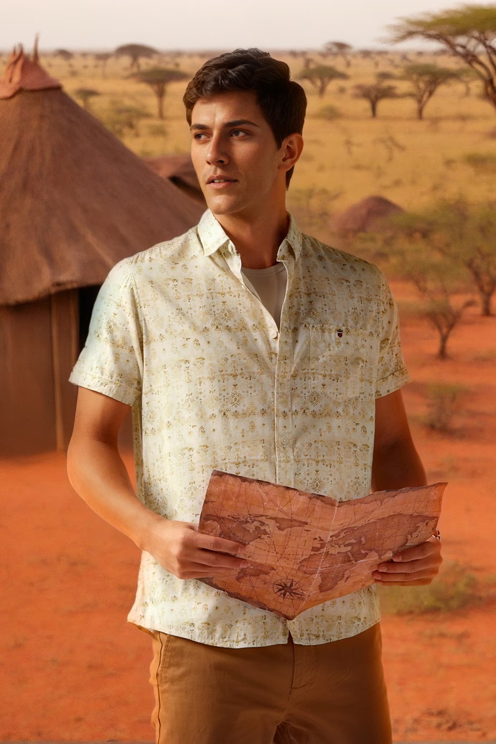 Men Beige Print Half Sleeves Casual Shirt-Beige