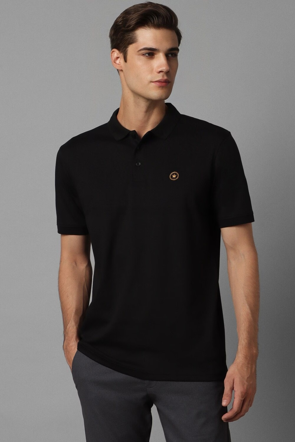 Men Black Solid Polo Neck T-shirt-Black