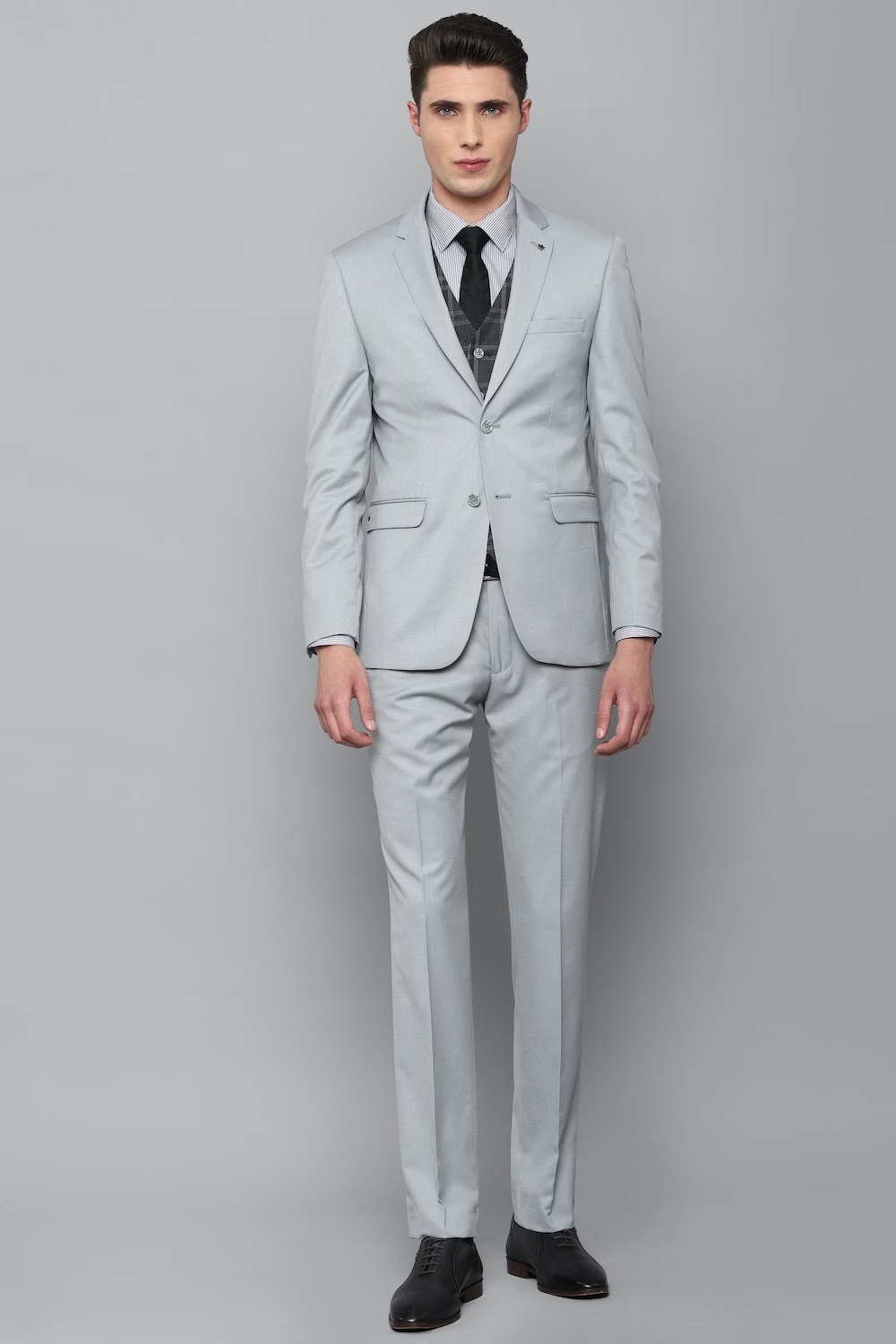 Men Grey Slim Fit Solid Formal Three Piece Suit-Grey