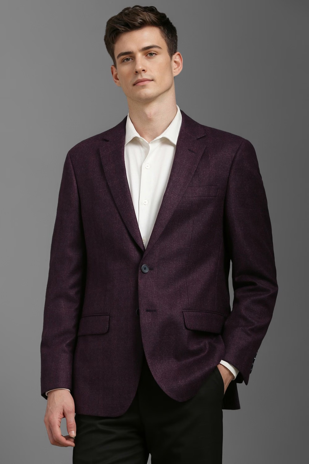 Men Purple Regular Fit Check Formal Blazer-Purple