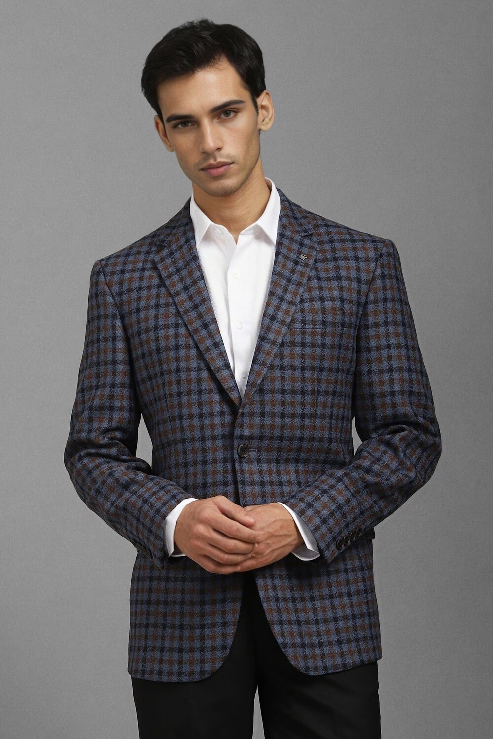 Men Blue Regular Fit Check Formal Blazer-Blue