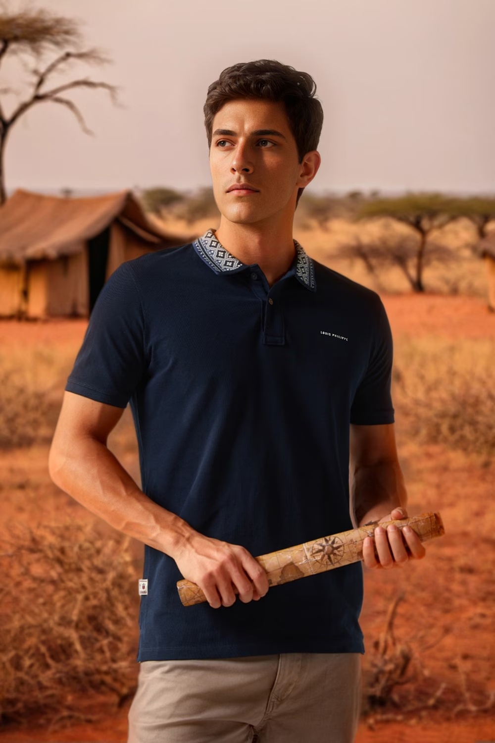 Men Navy Solid Polo Neck T-shirt-Navy