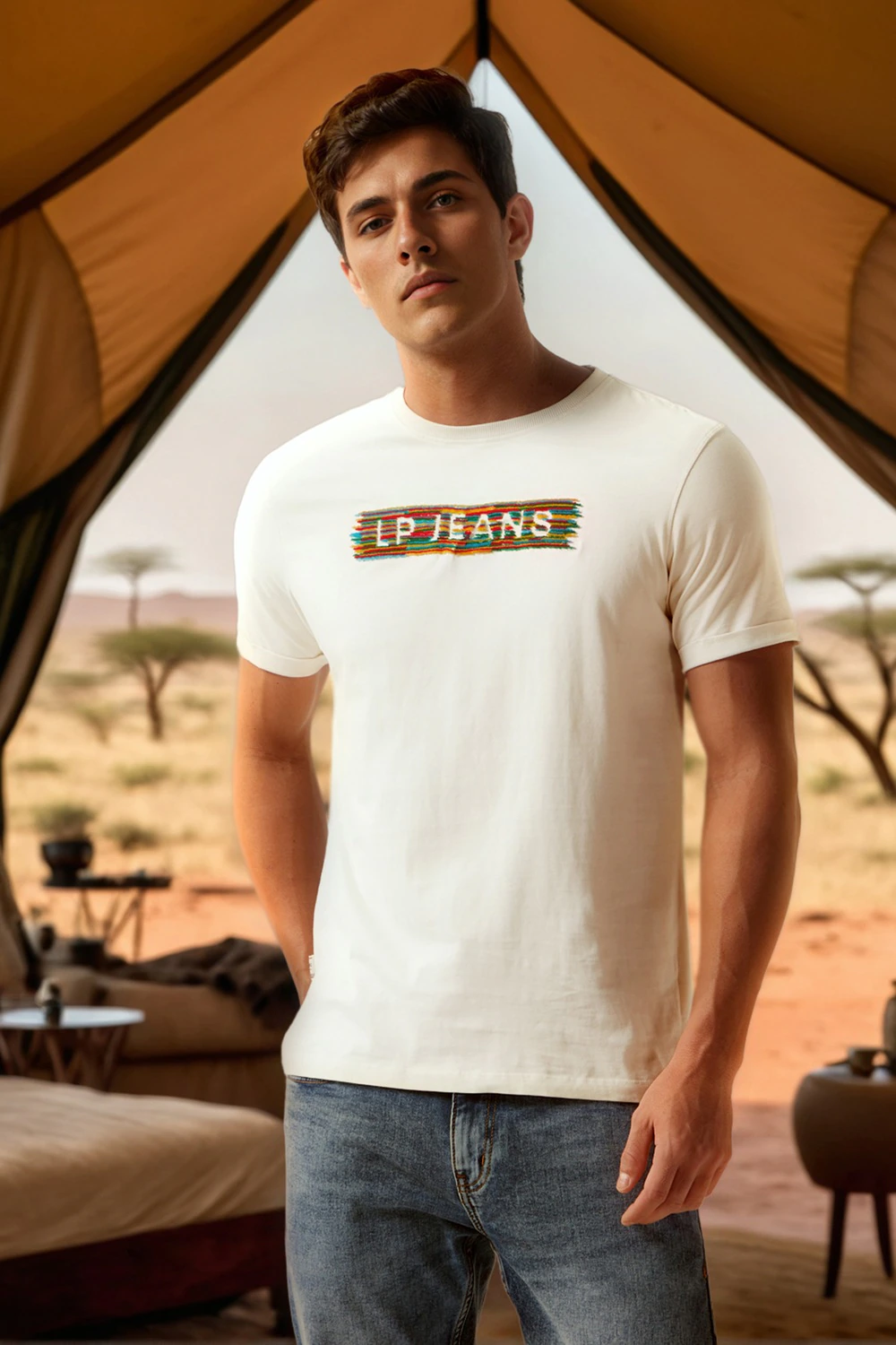 Men Beige Graphic Print Crew Neck T-shirt-Beige