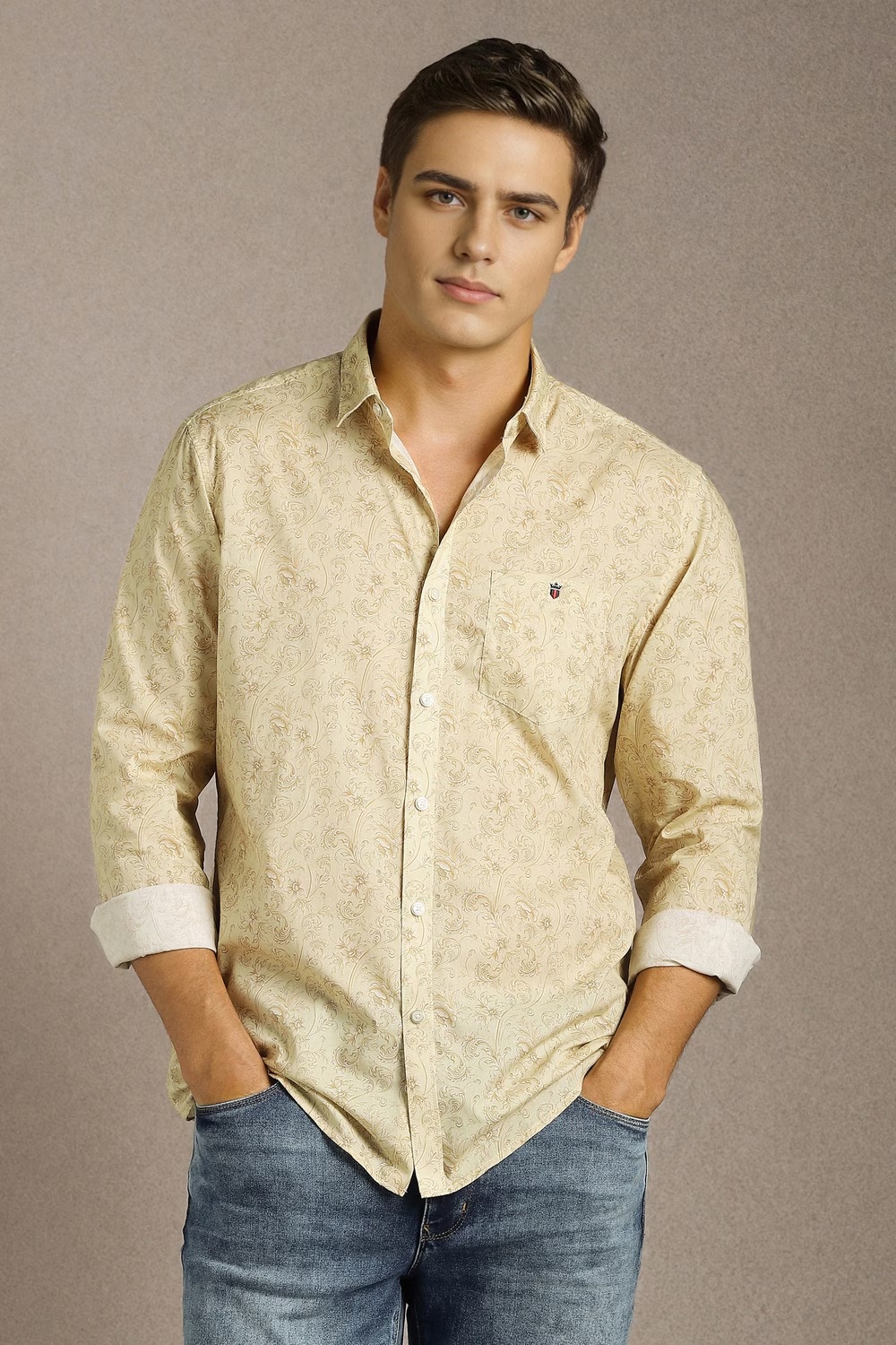 Men Beige Print Full Sleeves Casual Shirt-Beige