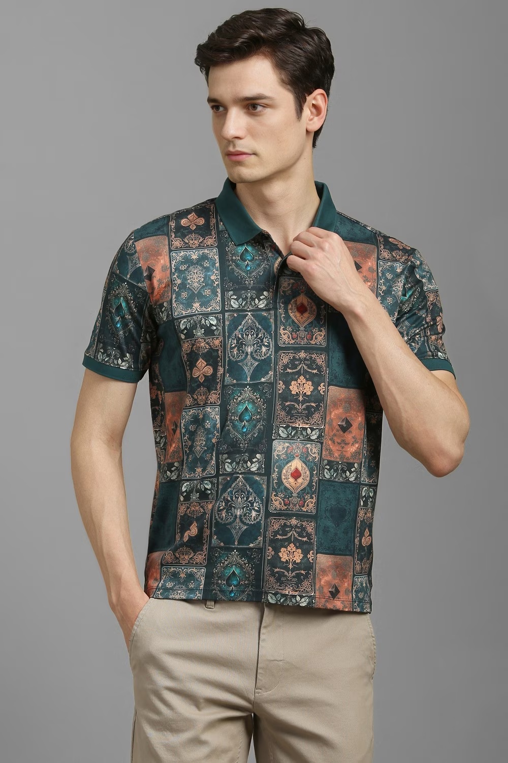 Men Green Print Polo Neck T-shirt-Green