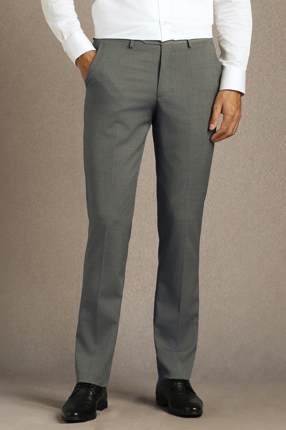 Men Grey Solid Flat Front Formal Trousers-Grey