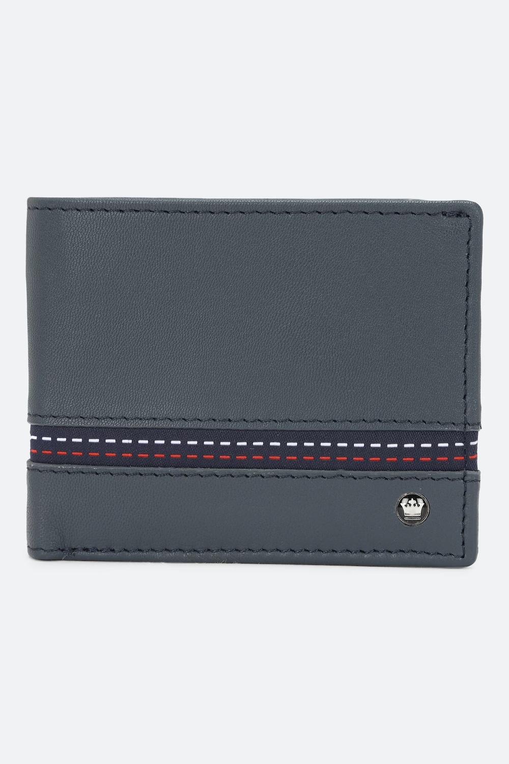 Men Solid Navy Blue Leather Bifold Wallet With Taping Detail-Navy Blue
