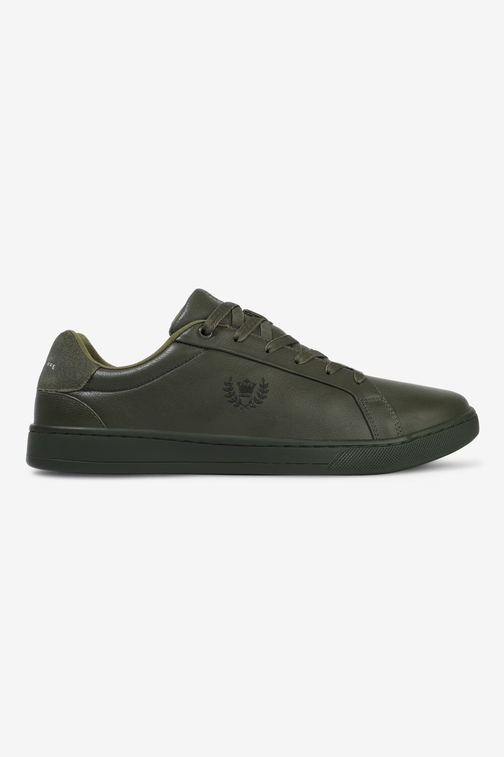 Men Olive Green Leather Sneakers with Crest Embroidery-Olive Green