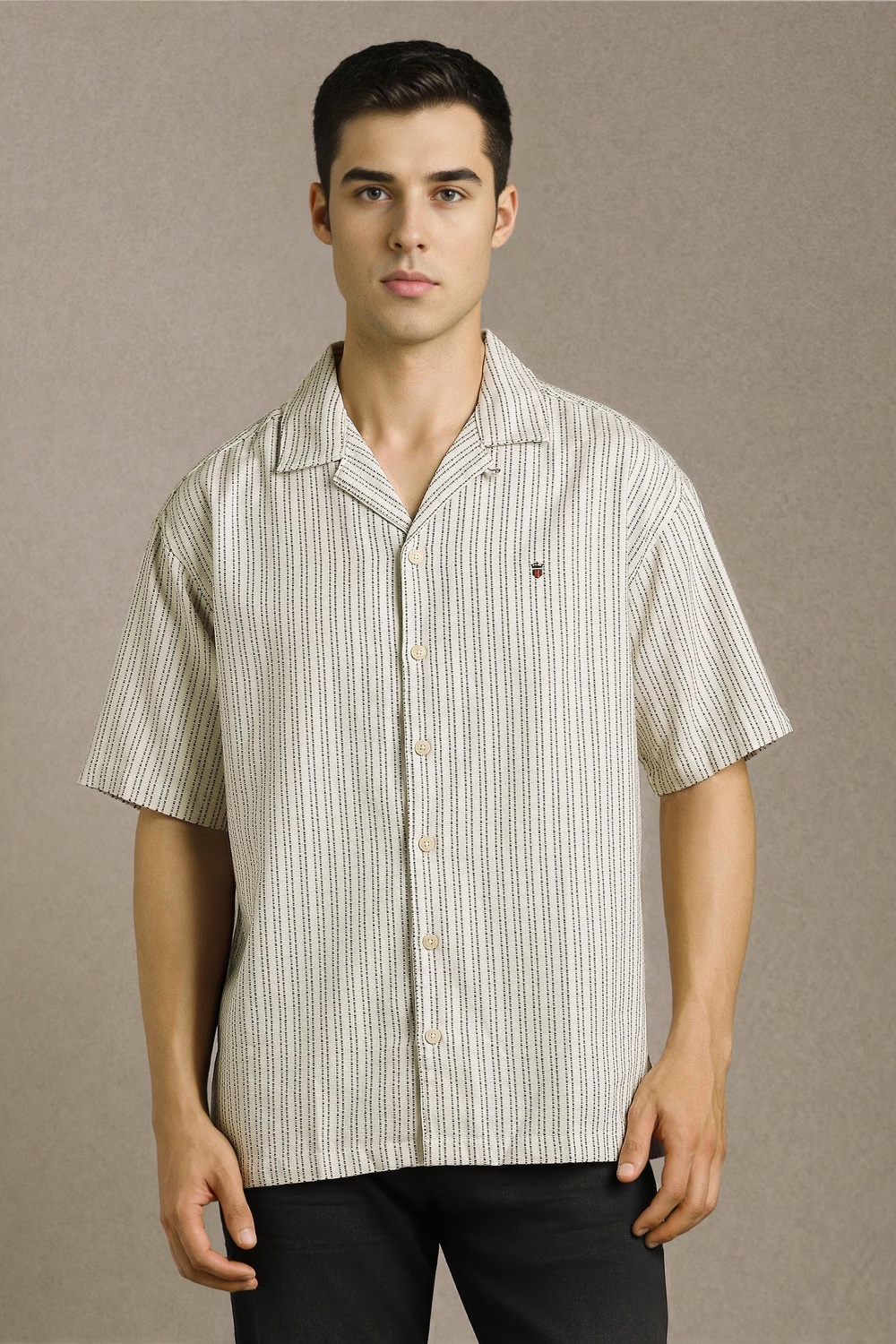 Men Beige Stripe Half Sleeves Casual Shirt-Beige