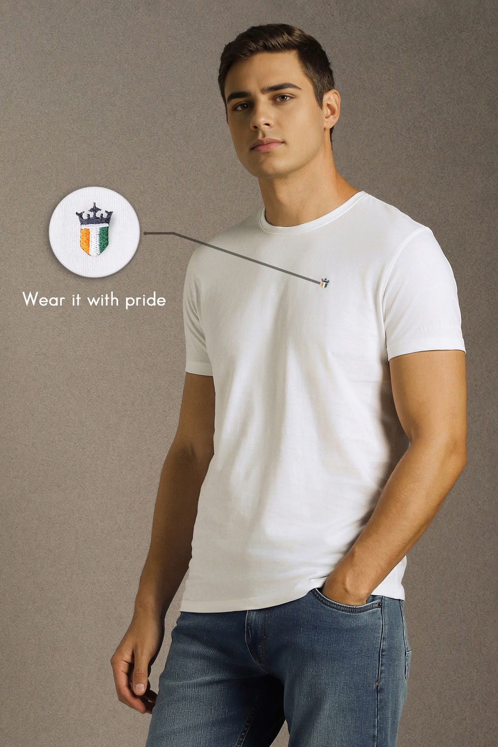 Men White Solid Crew Neck Tri-color Logo T-shirt-White