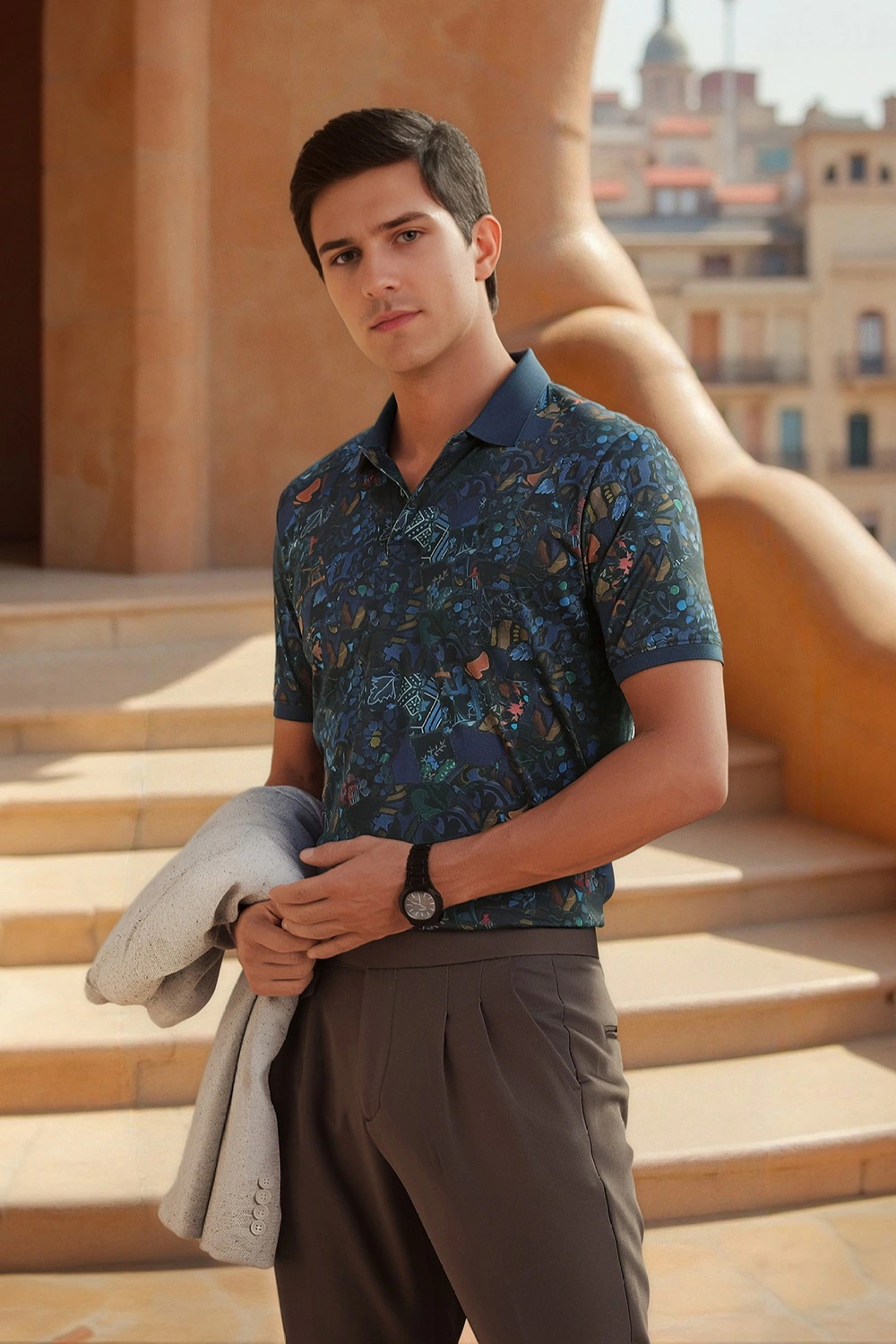 Men Navy Print Polo Neck T-shirt-Navy
