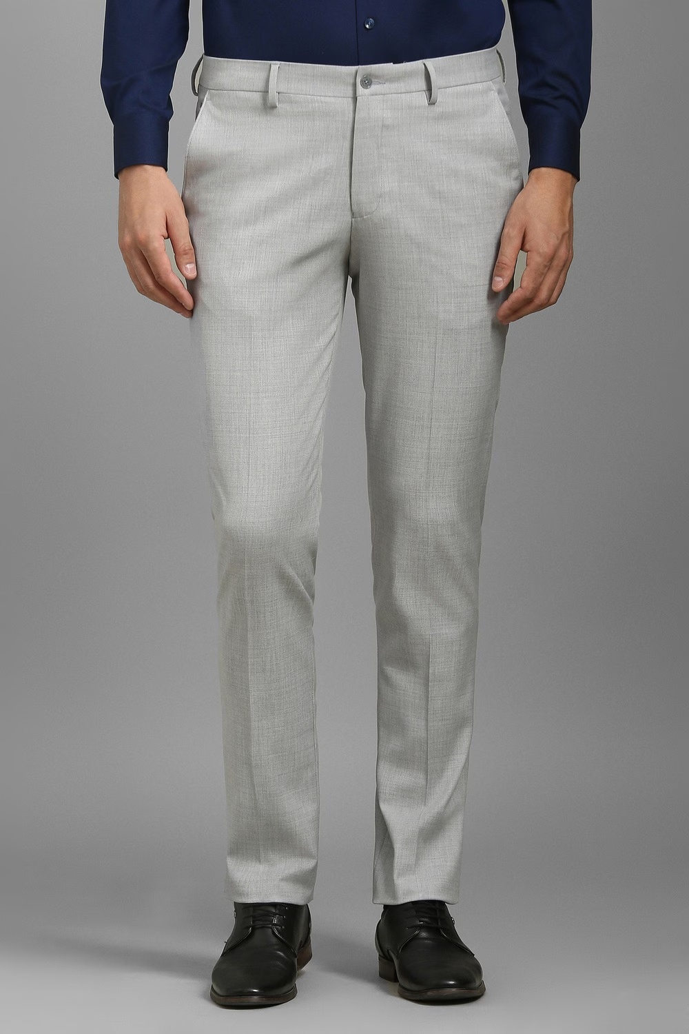 Men Grey Textured Flat Front Formal Trousers-Grey