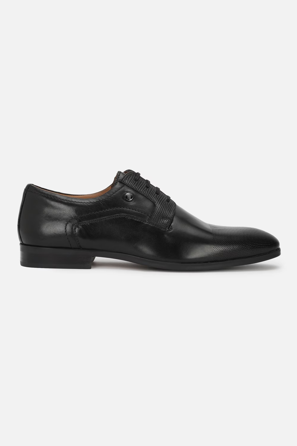 Men Textured Derby Leather Black Lace Up Shoes-Black