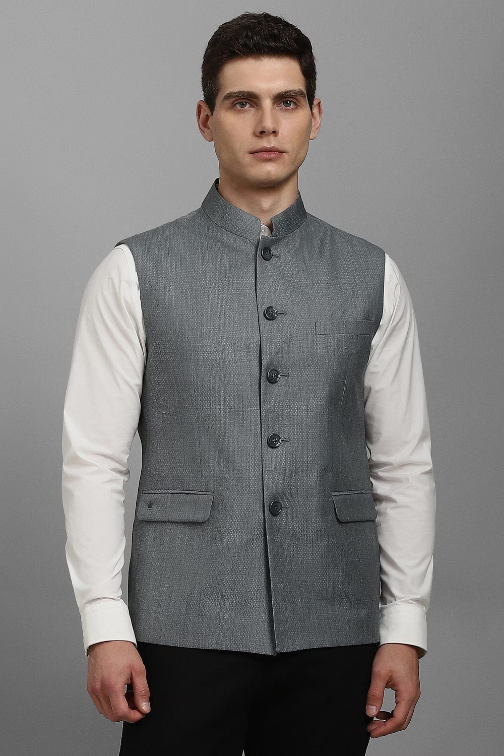Men Grey Textured Casual Nehru Jacket-Grey
