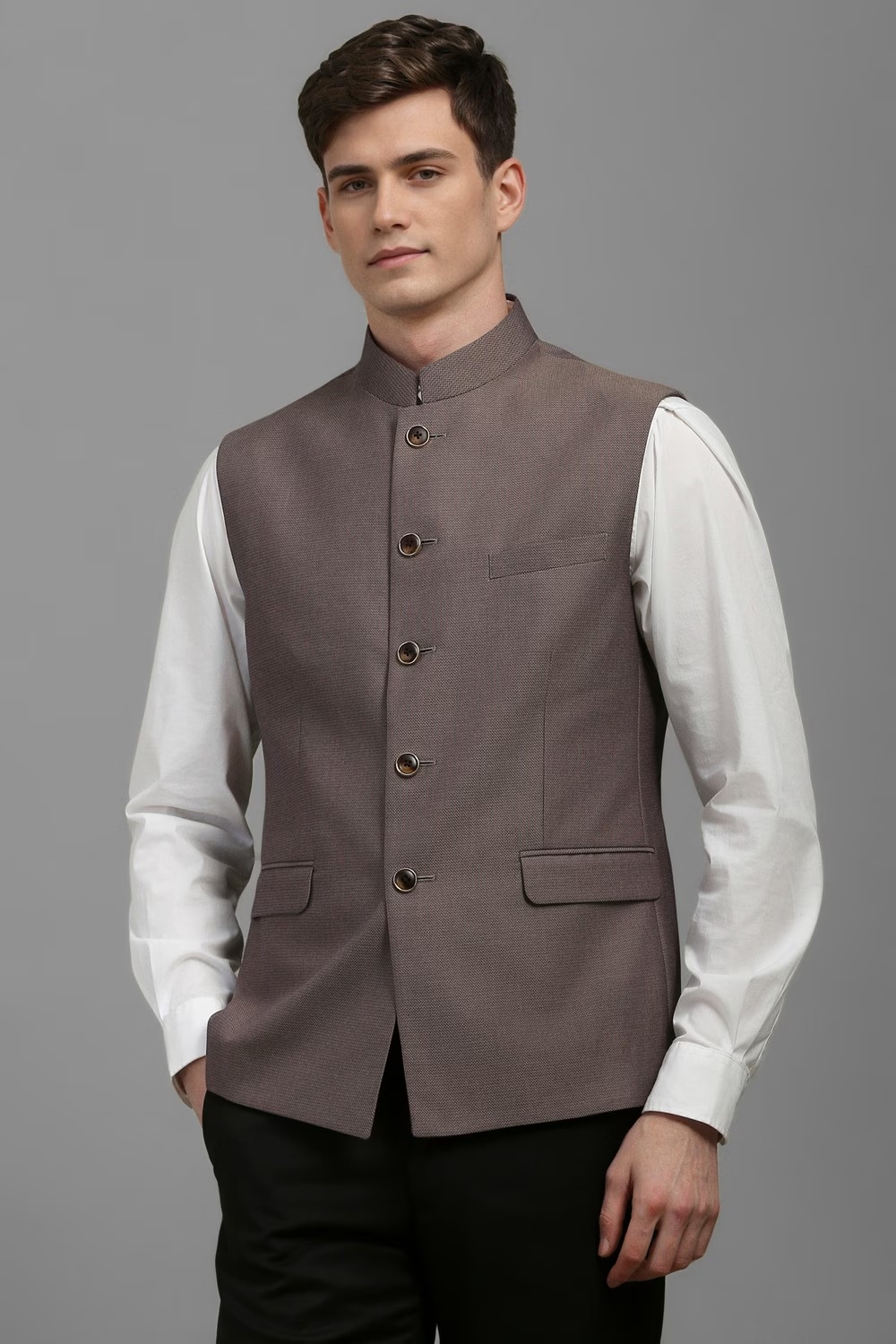 Men Brown Textured Slim Fit Casual Nehru Jacket-Brown 1 80362-men-brown-textured-slim-fit-casual-nehru-jacket-brown-1.jpg