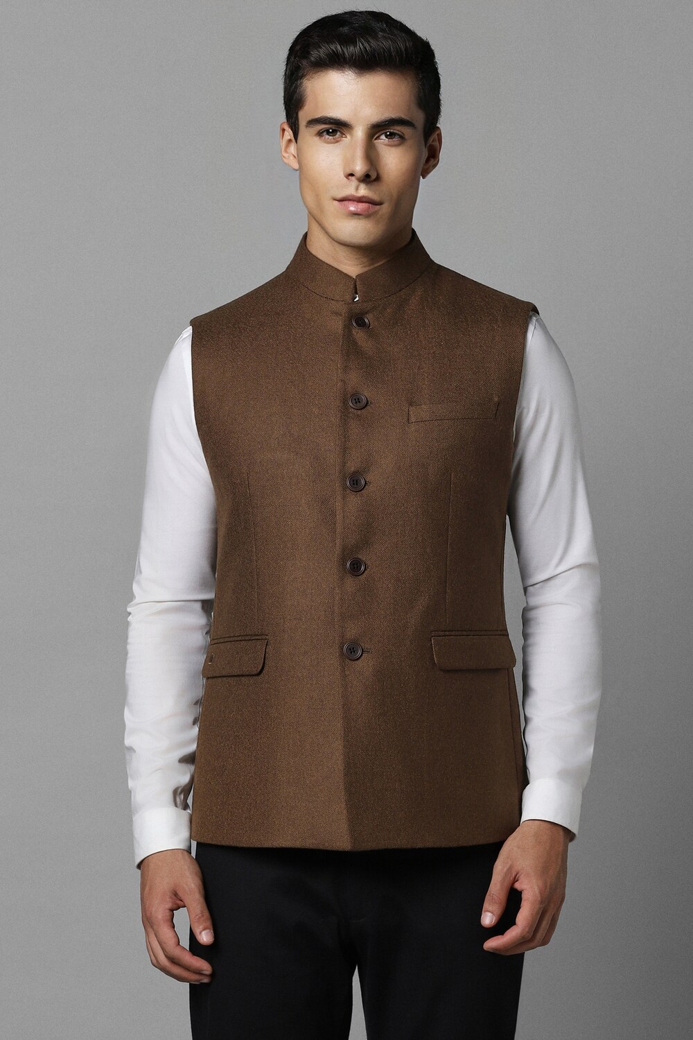 Men Brown Textured Slim Fit Party Nehru Jacket-Brown