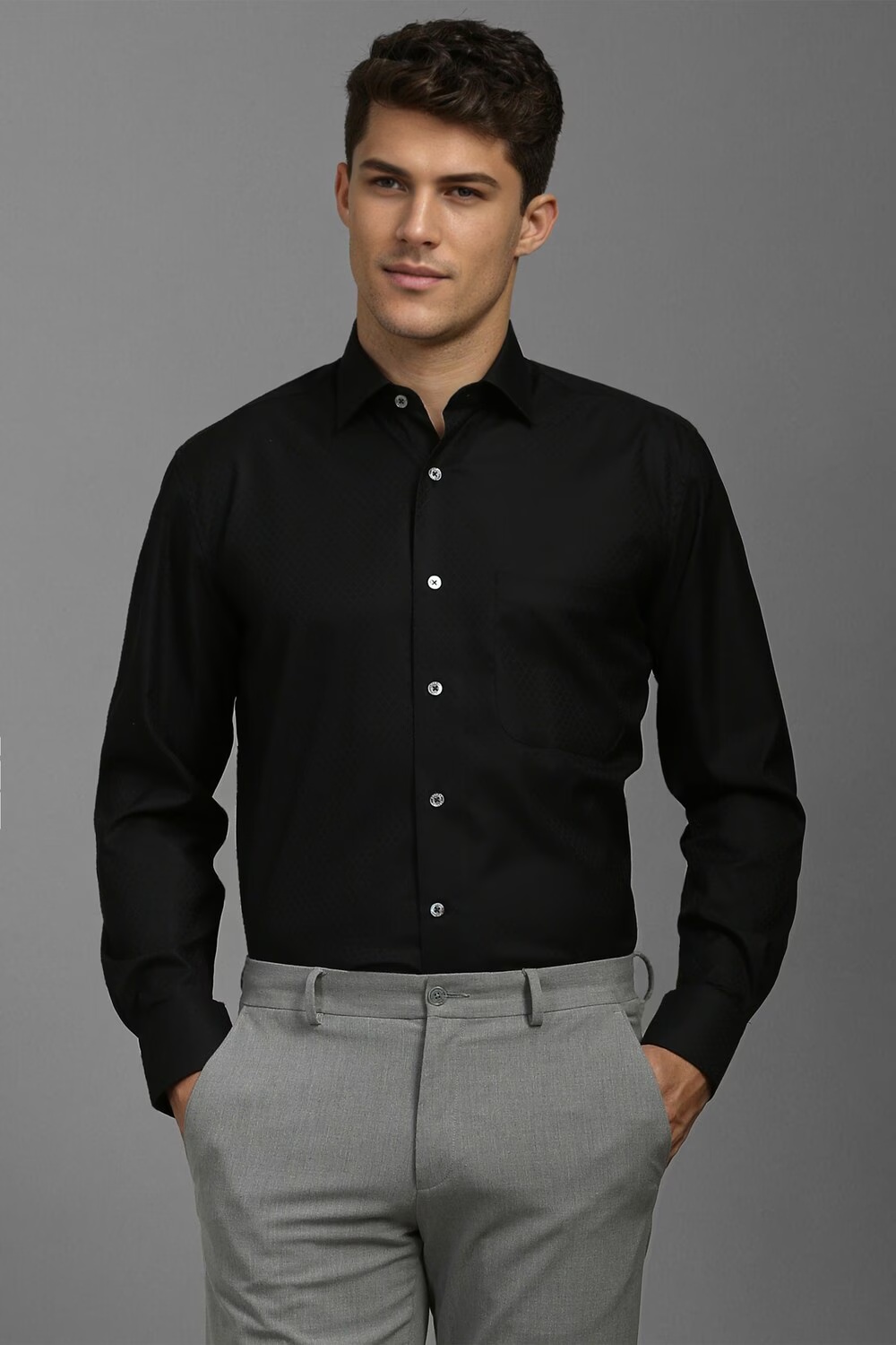 Men Black Classic Fit Textured Full Sleeves Formal Shirt-Black