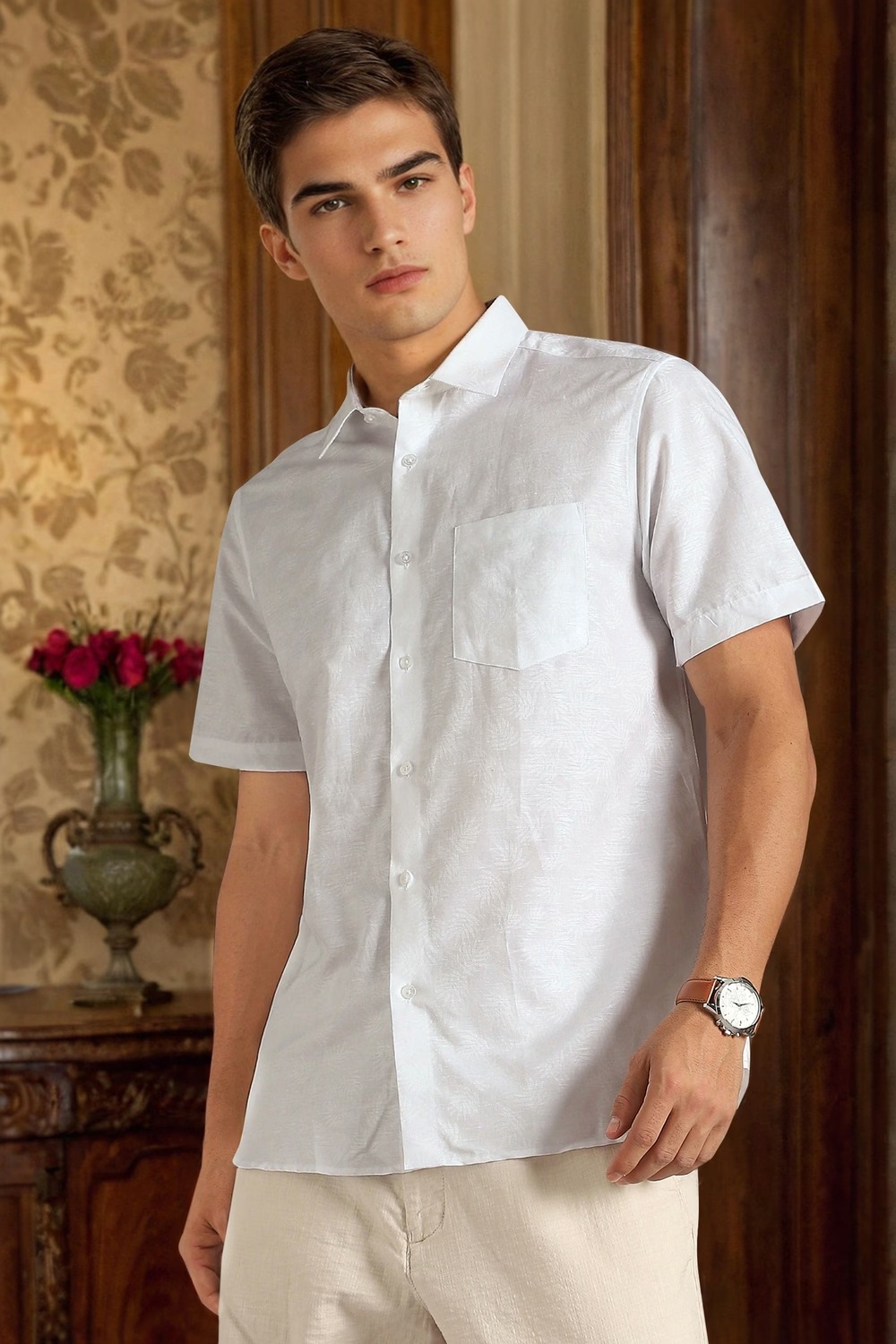 Men White Textured Half Sleeves Formal Shirt-White