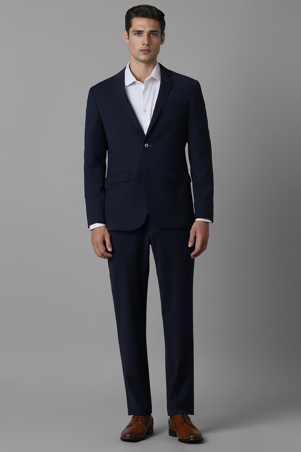 Men Navy Slim Fit Solid Formal Two Piece Suit-Navy