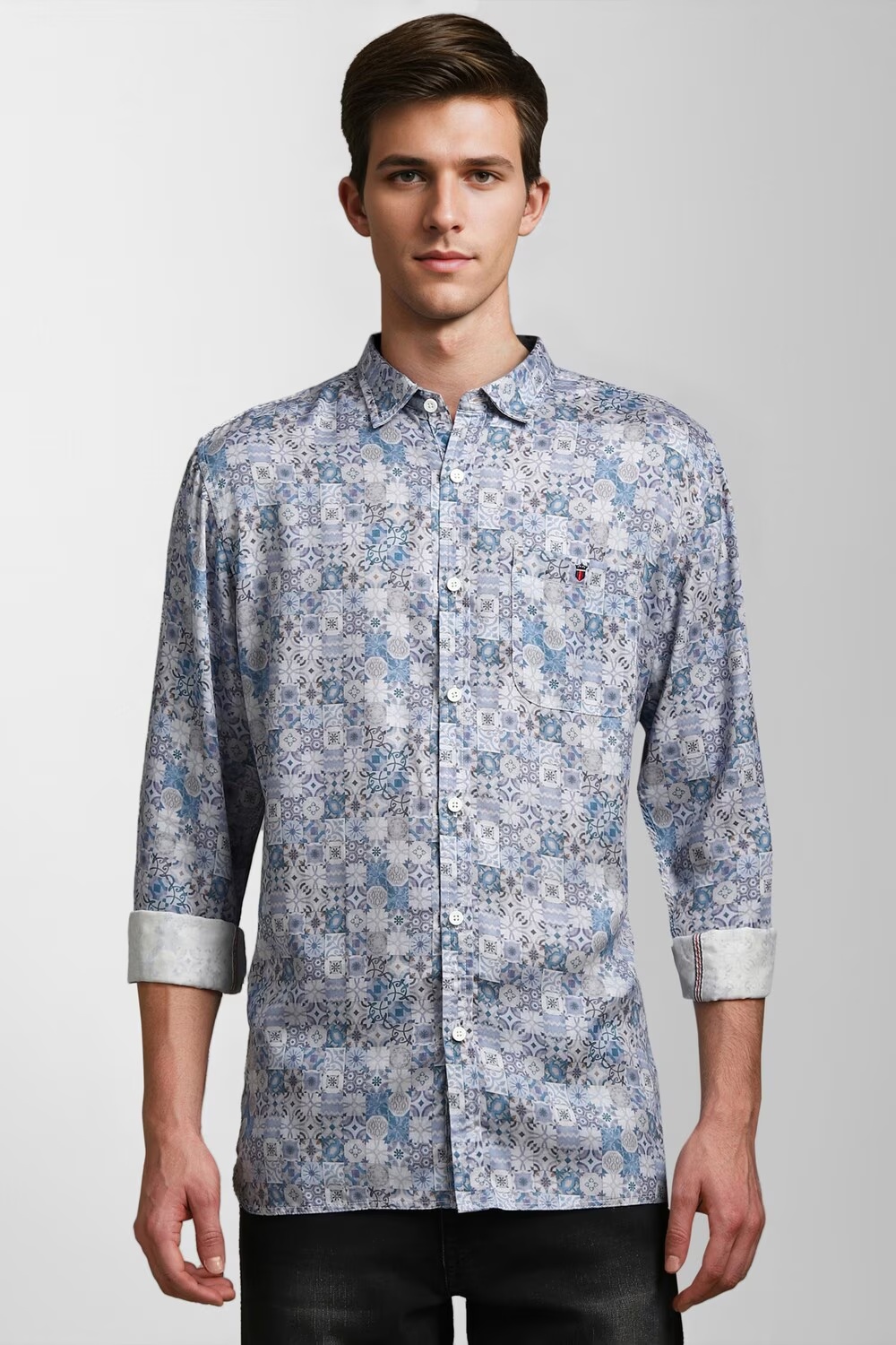 Men Grey Slim Fit Print Full Sleeves Casual Shirt-Grey