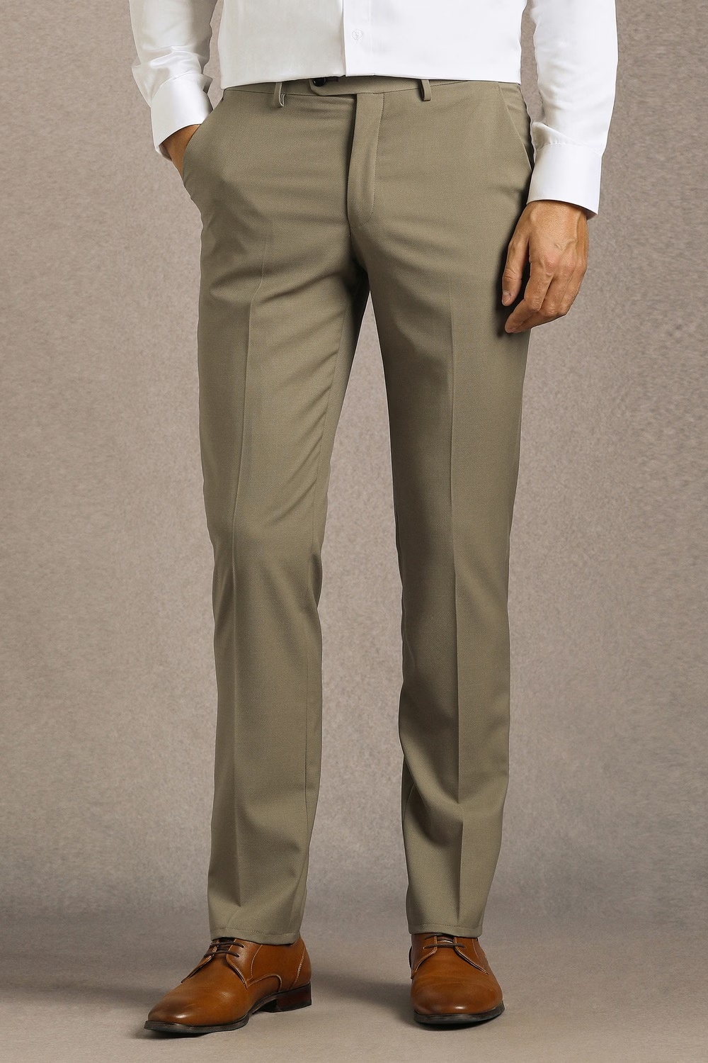 Men Khaki Solid Flat Front Formal Trousers-Khaki