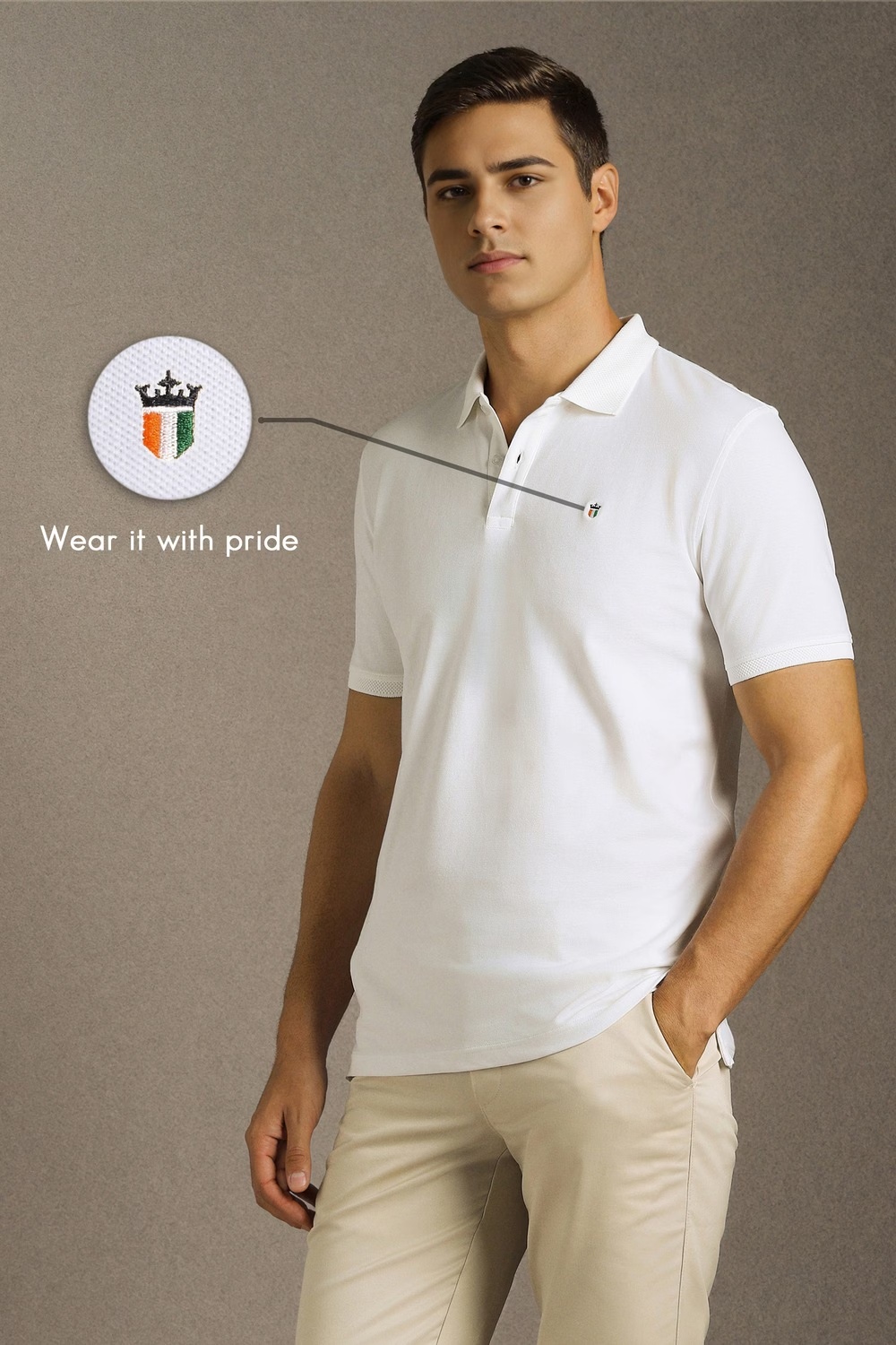 Men White Solid Polo Neck Tri-color Logo T-shirt-White