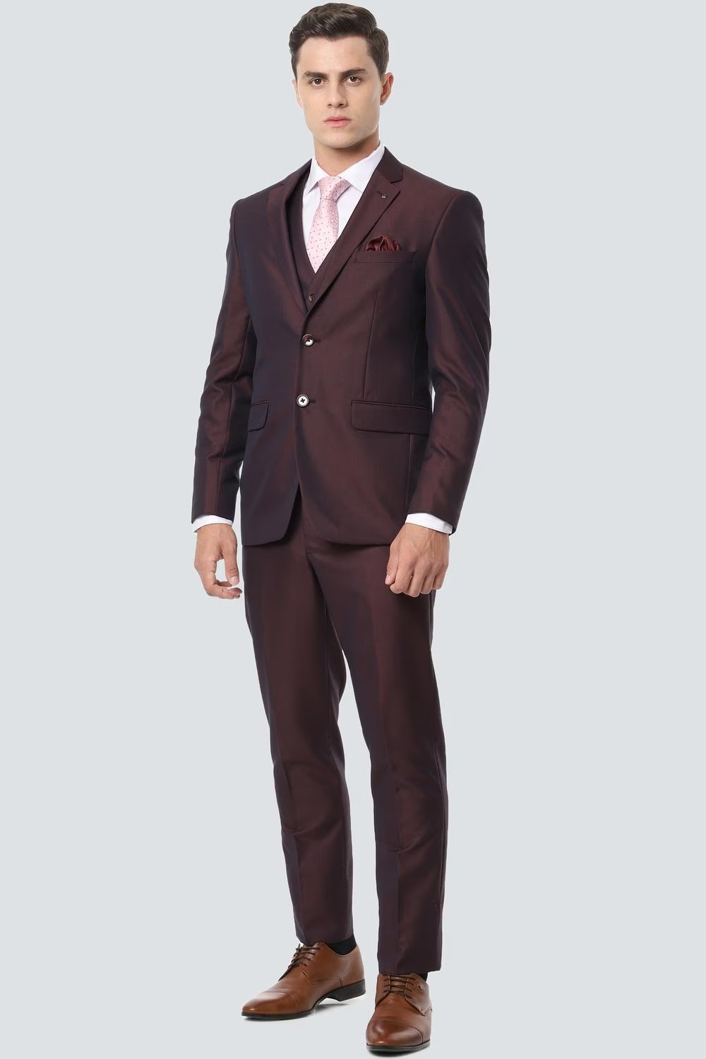 Men Maroon Slim Fit Textured Formal Three Piece Suit-Maroon