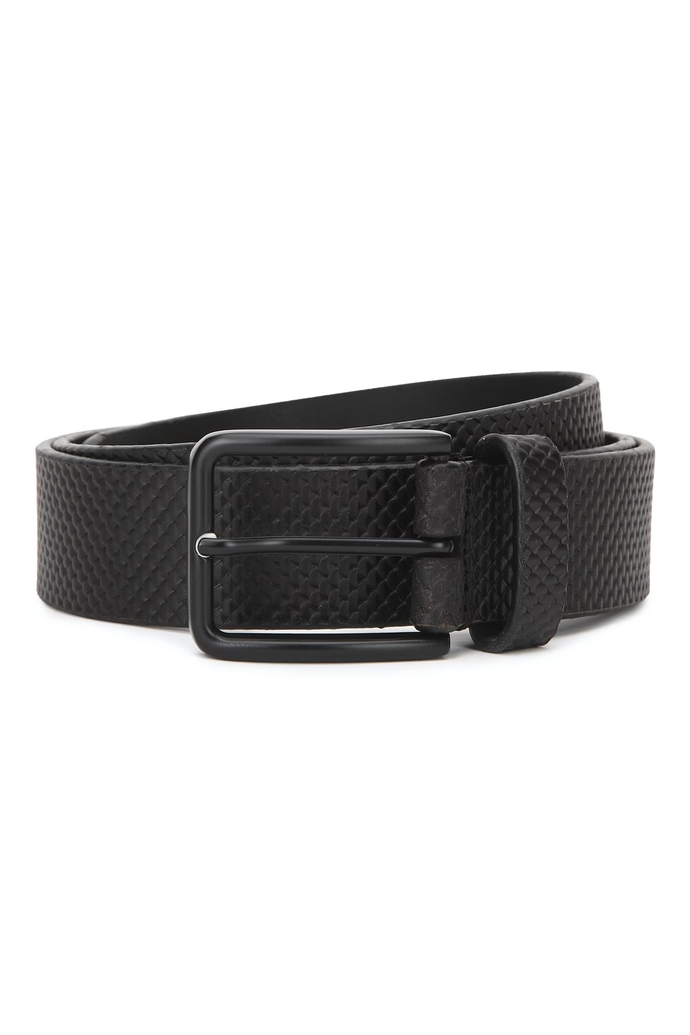 Louis Philippe Men Black Textured  Casual Italian Leather with Matt Black Buckle Belt-Black