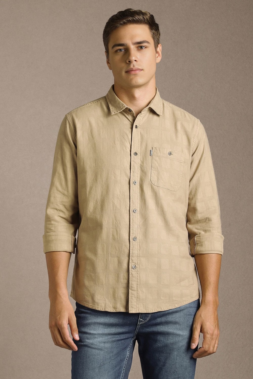 Men Beige Textured Full Sleeves Casual Shirt-Beige