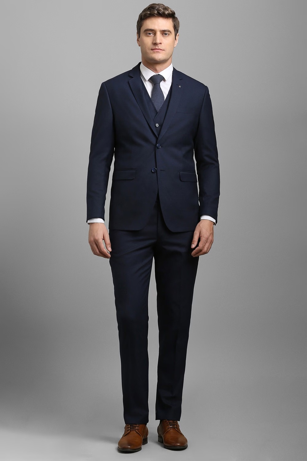 Men Navy Solid Formal Three Piece Suit-Navy