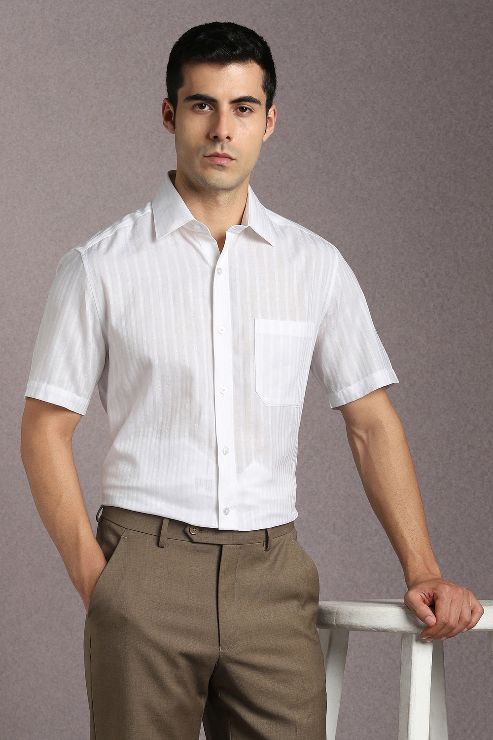 Men White Textured Half Sleeves Formal Shirt-White