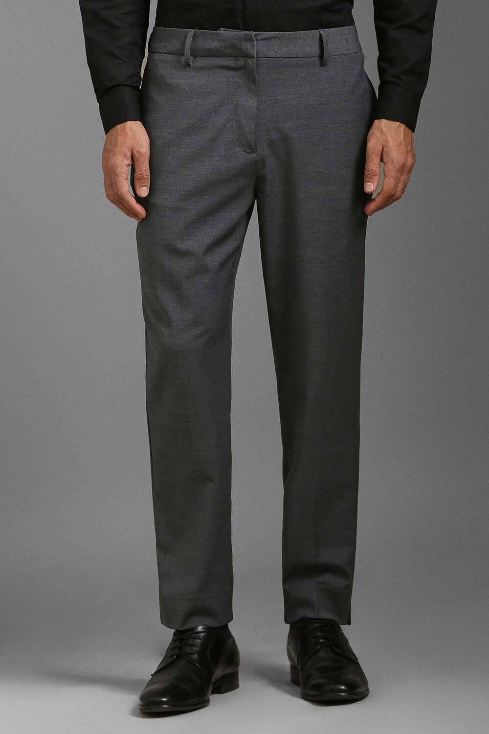 Men Grey Slim Fit Textured Flat Front Formal Trousers-Grey
