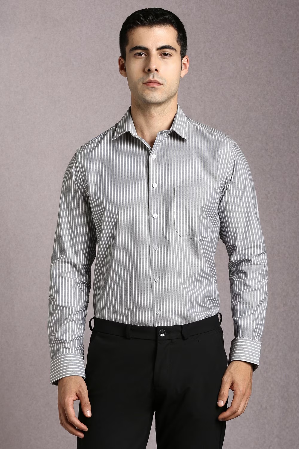 Men Grey Stripe Full Sleeves Formal Shirt-Grey