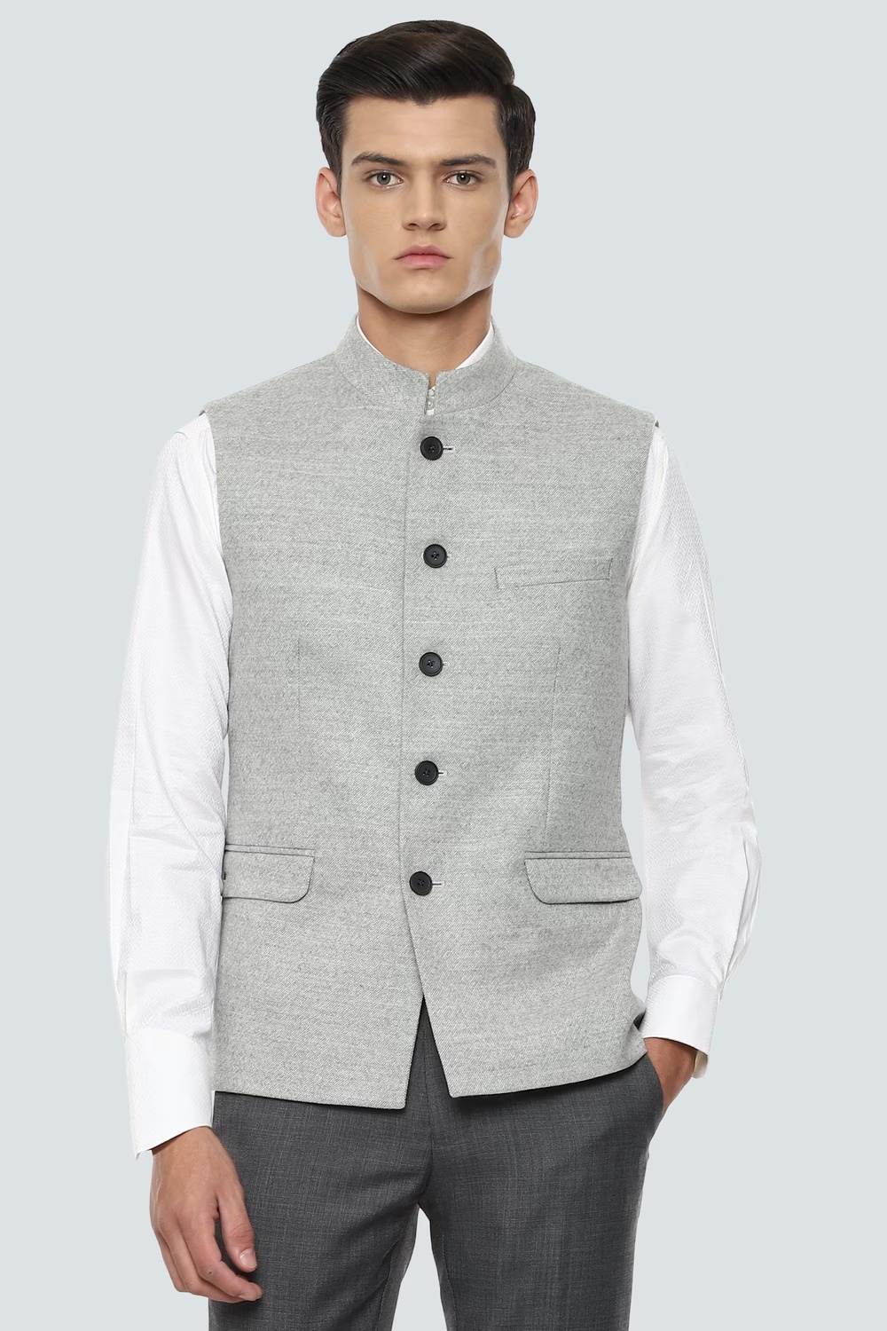 Men Grey Textured Slim Fit Party Nehru Jacket-Grey