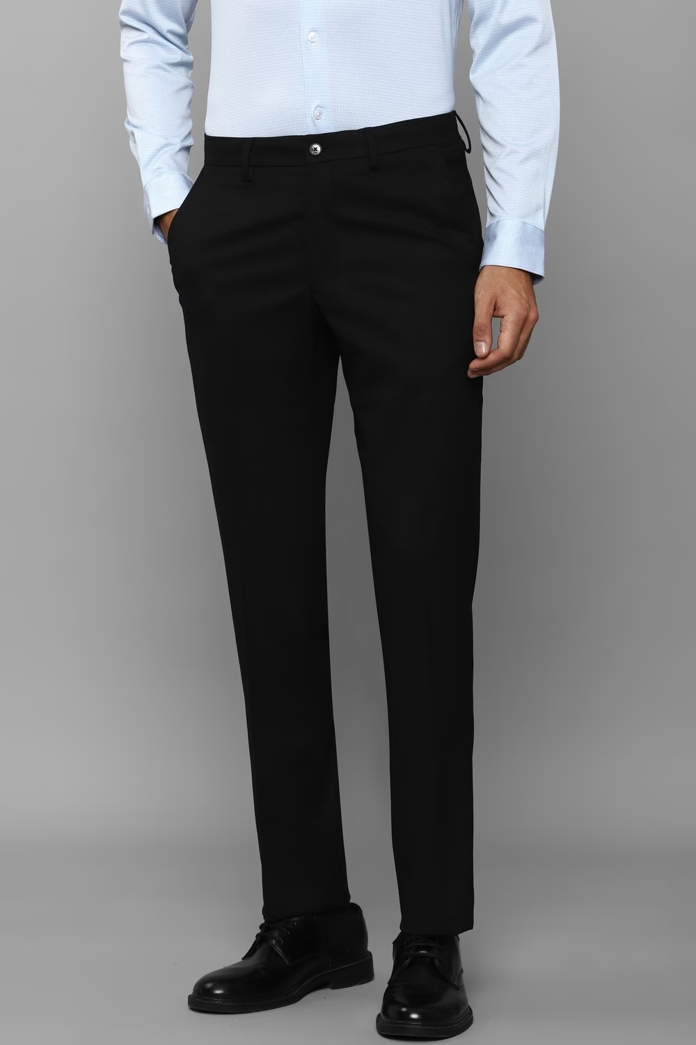 Men Black Solid Flat Front Formal Trousers-Black