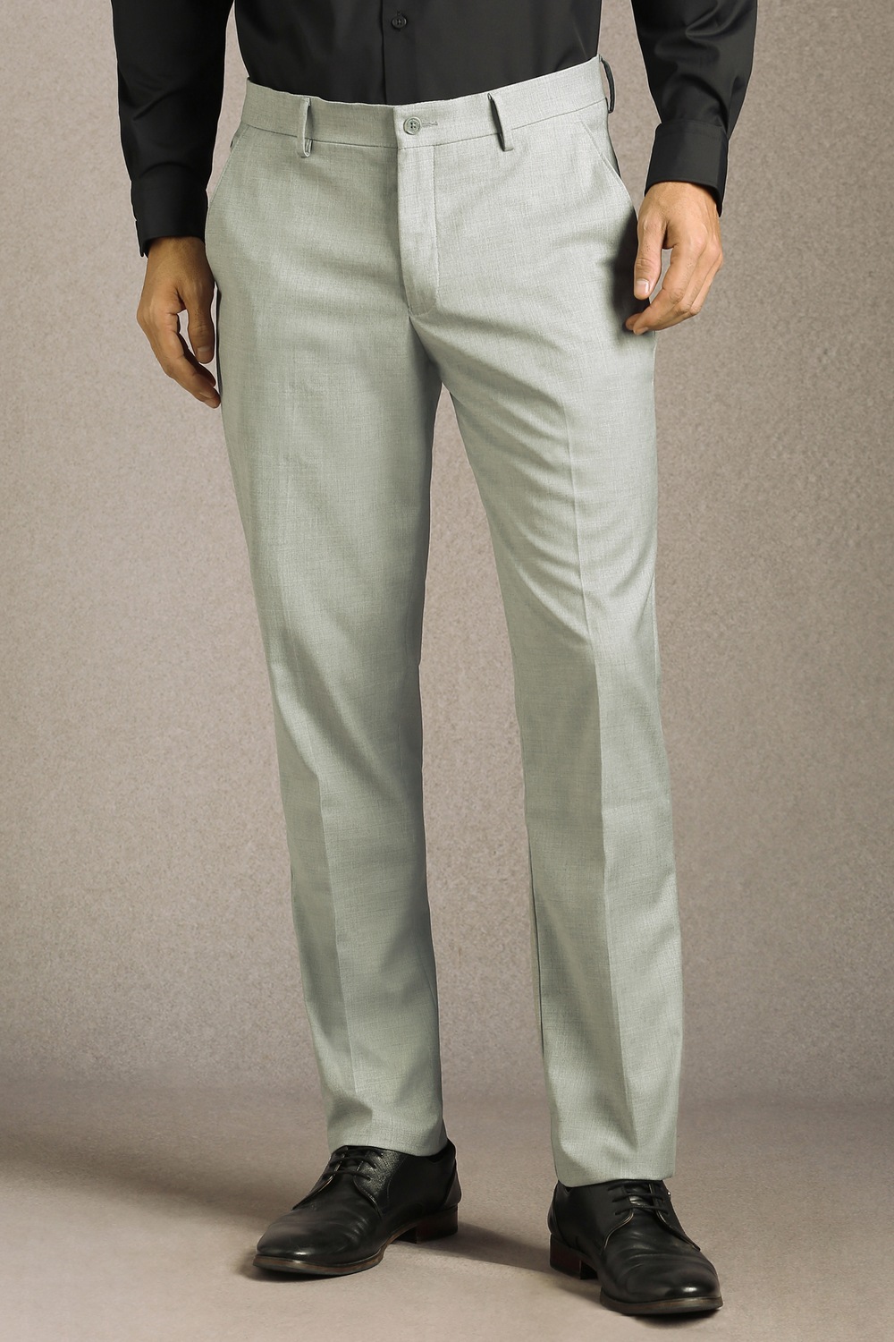 Men Grey Textured Flat Front Formal Trousers-Grey