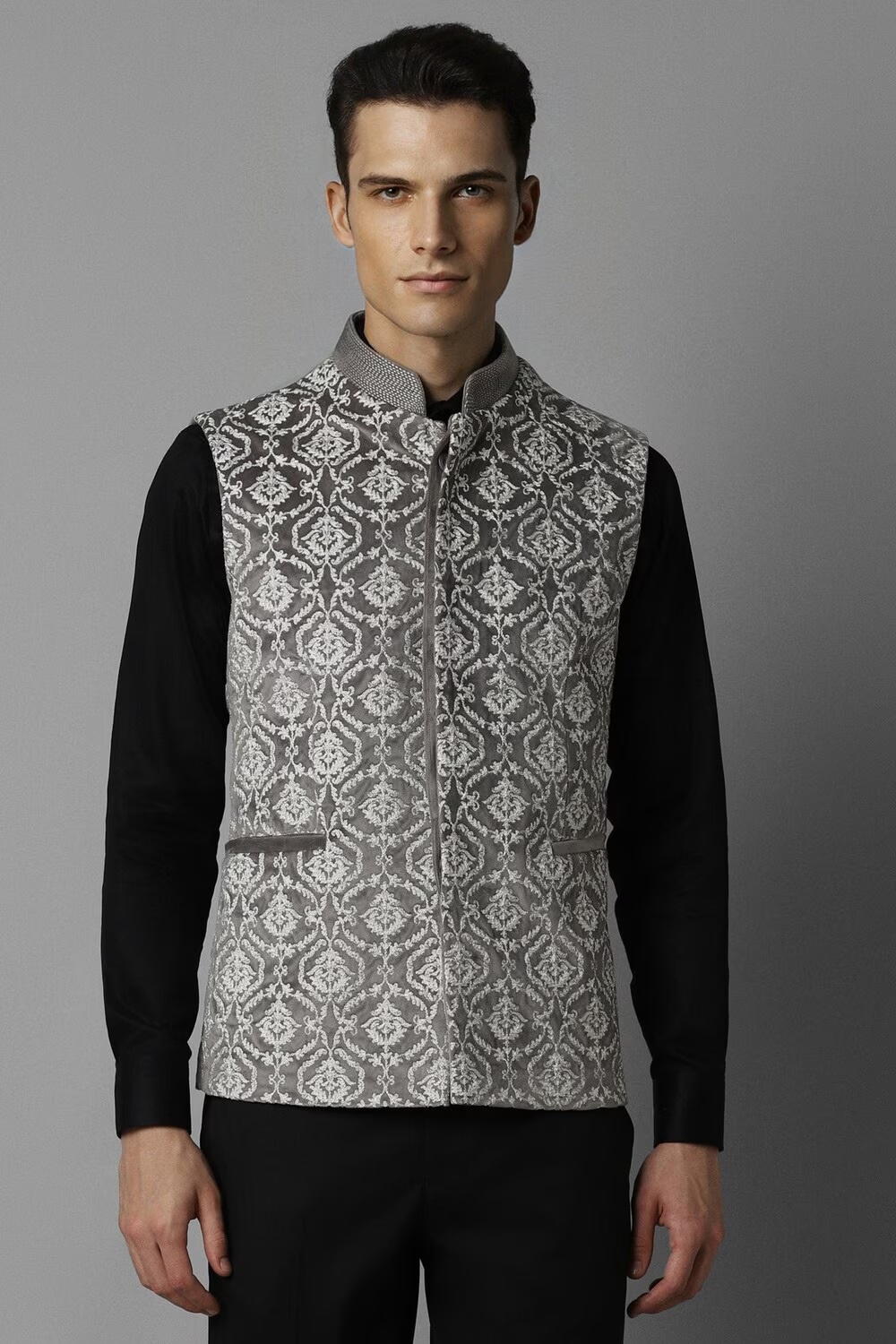 Men Grey Print Slim Fit Party Nehru Jacket-Grey