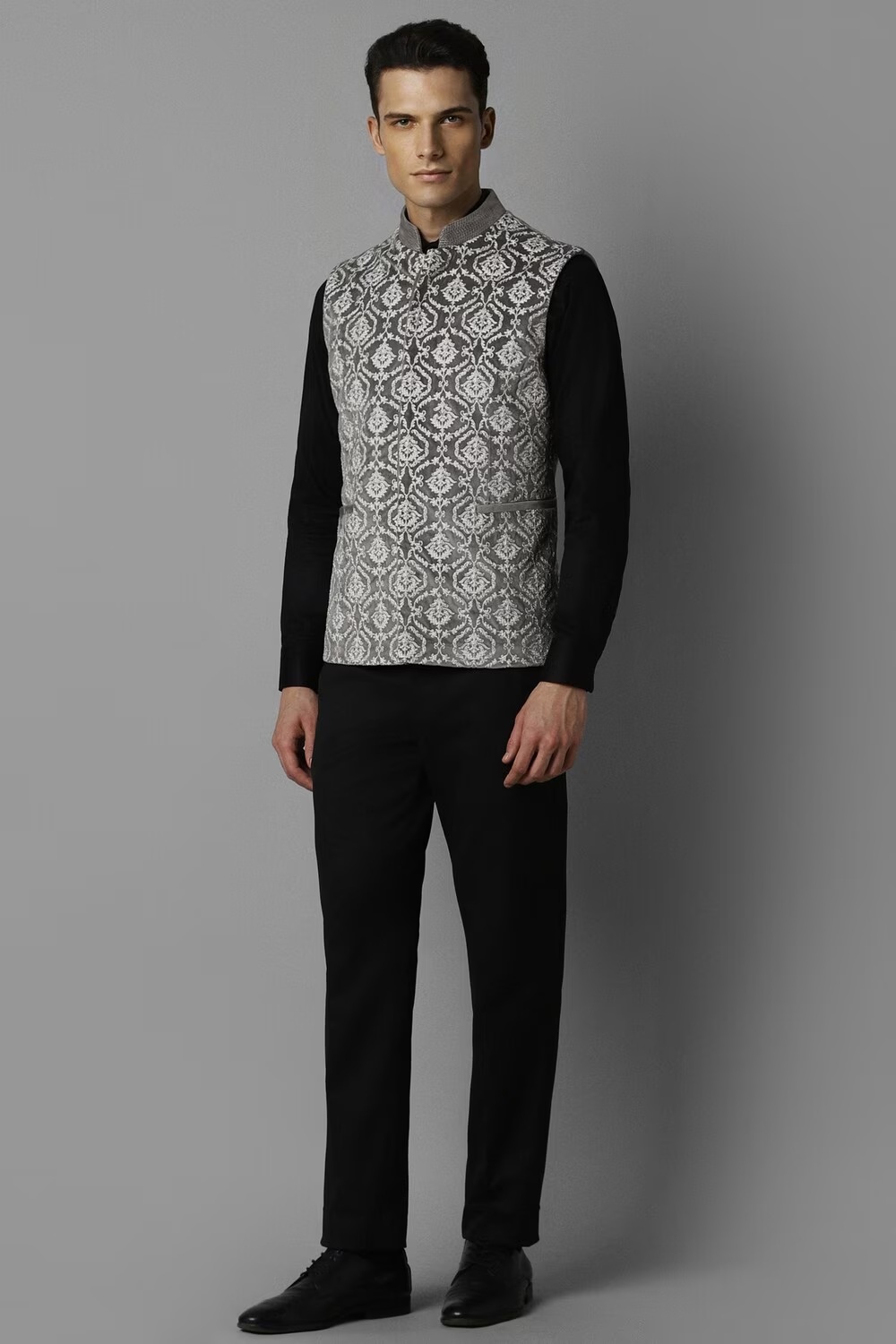 Men Grey Print Slim Fit Party Nehru Jacket-Grey