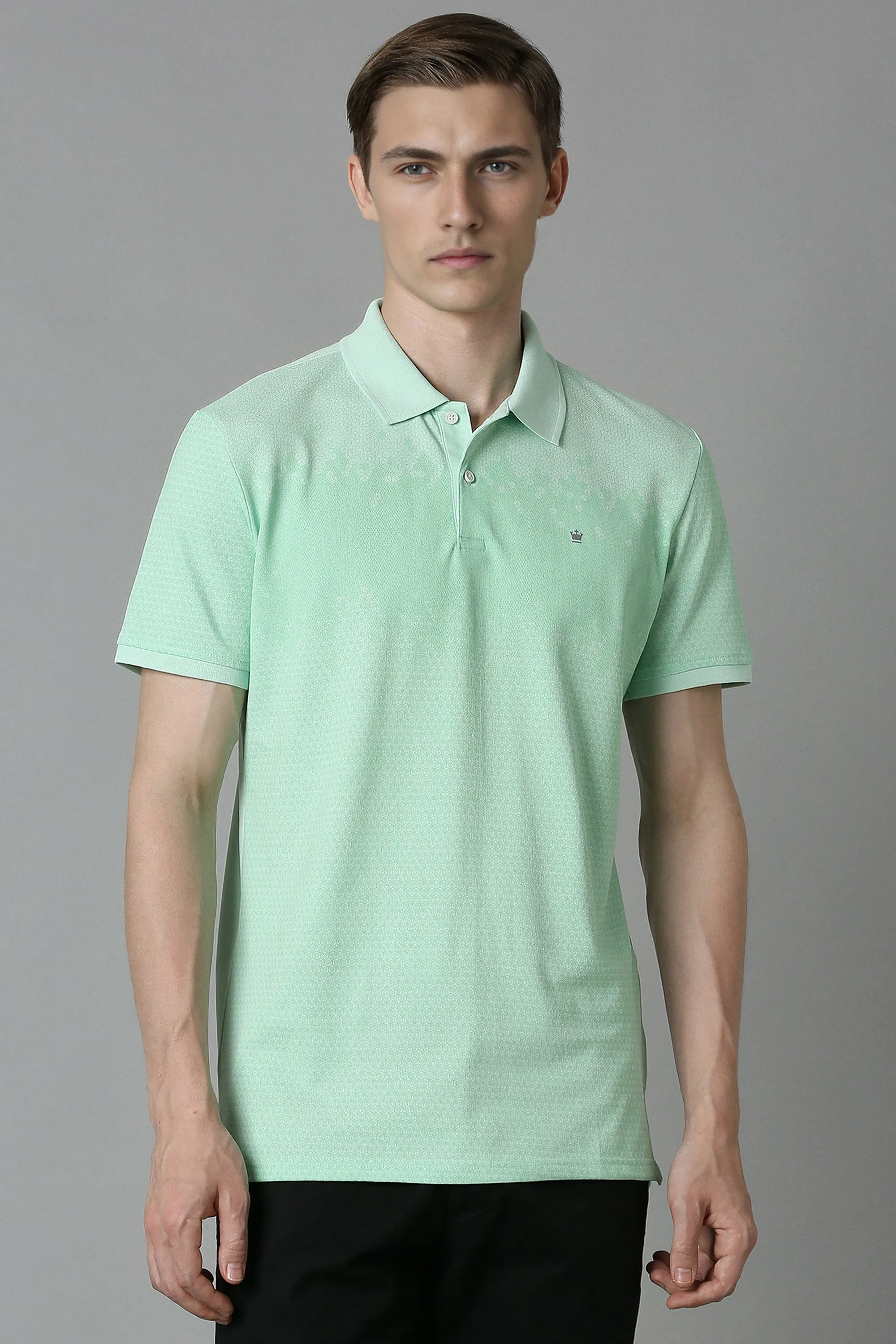 Men Green Print Polo Neck T-shirt-Green