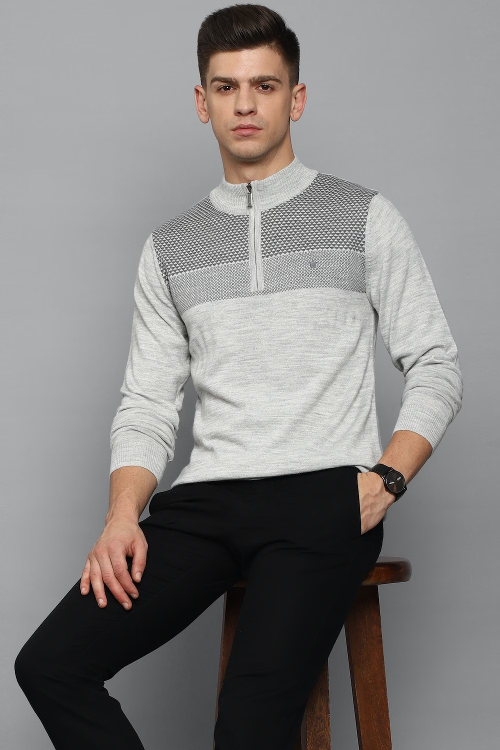 Men Grey Stripe Stylized Neck Full Sleeves Sweater-Grey