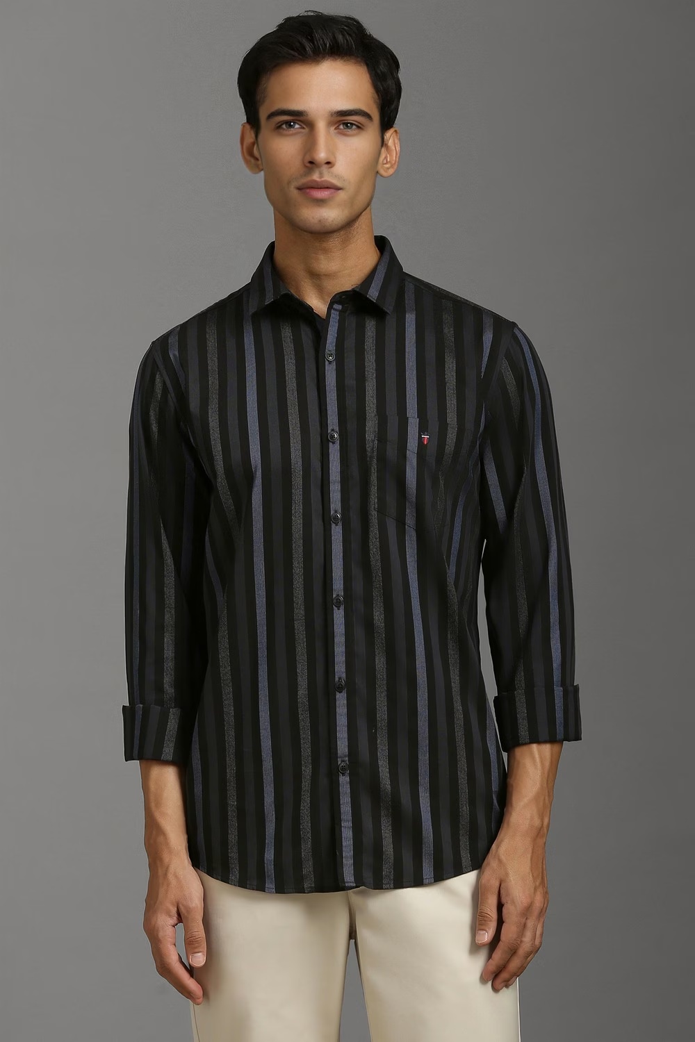 Men Black Stripe Full Sleeves Casual Shirt-Black
