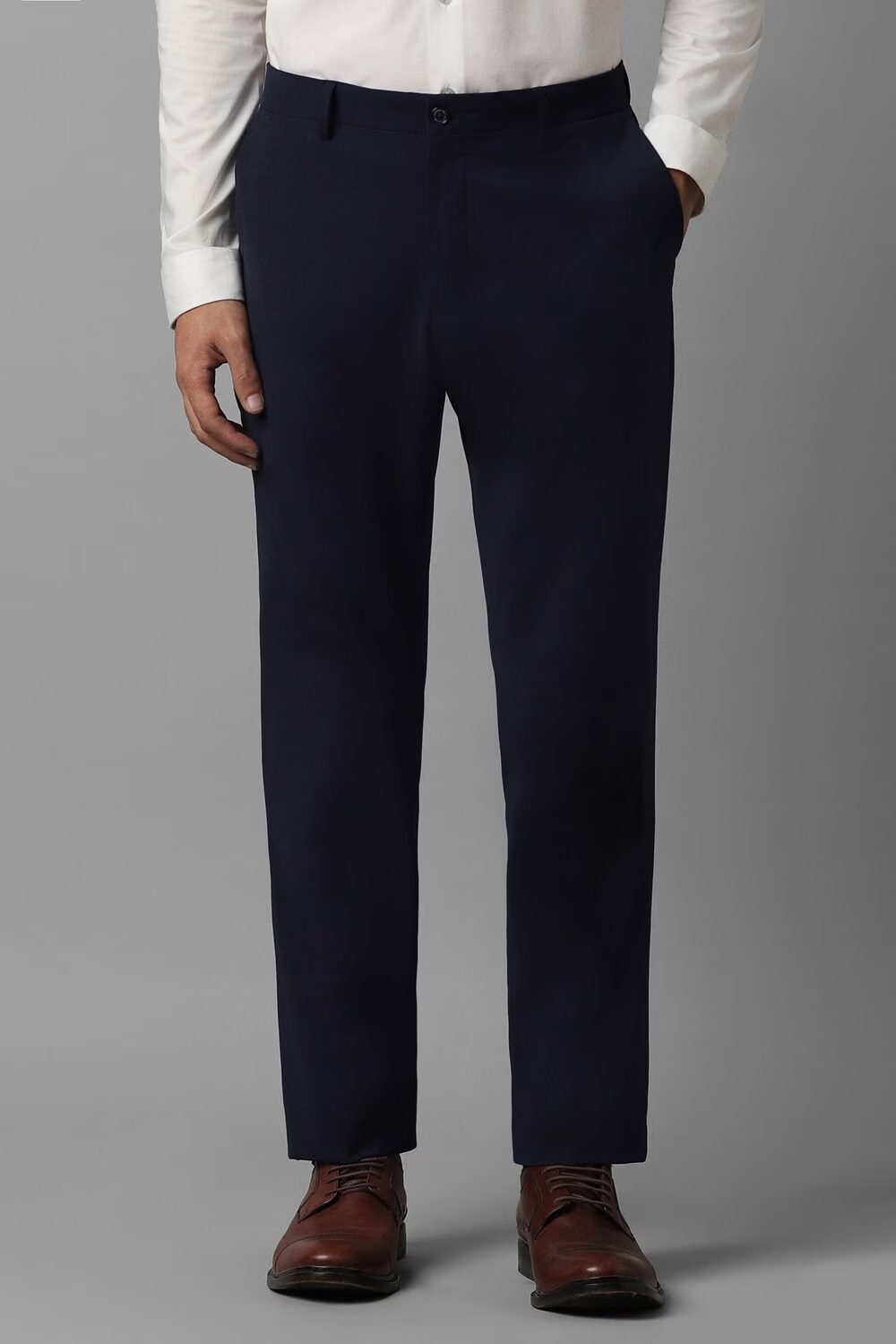 Men Navy Slim Fit Solid Flat Front Formal Trousers-Navy
