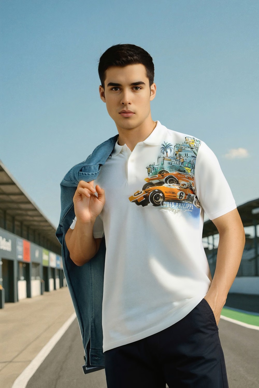Men White Graphic Print Polo Neck T-shirt-White
